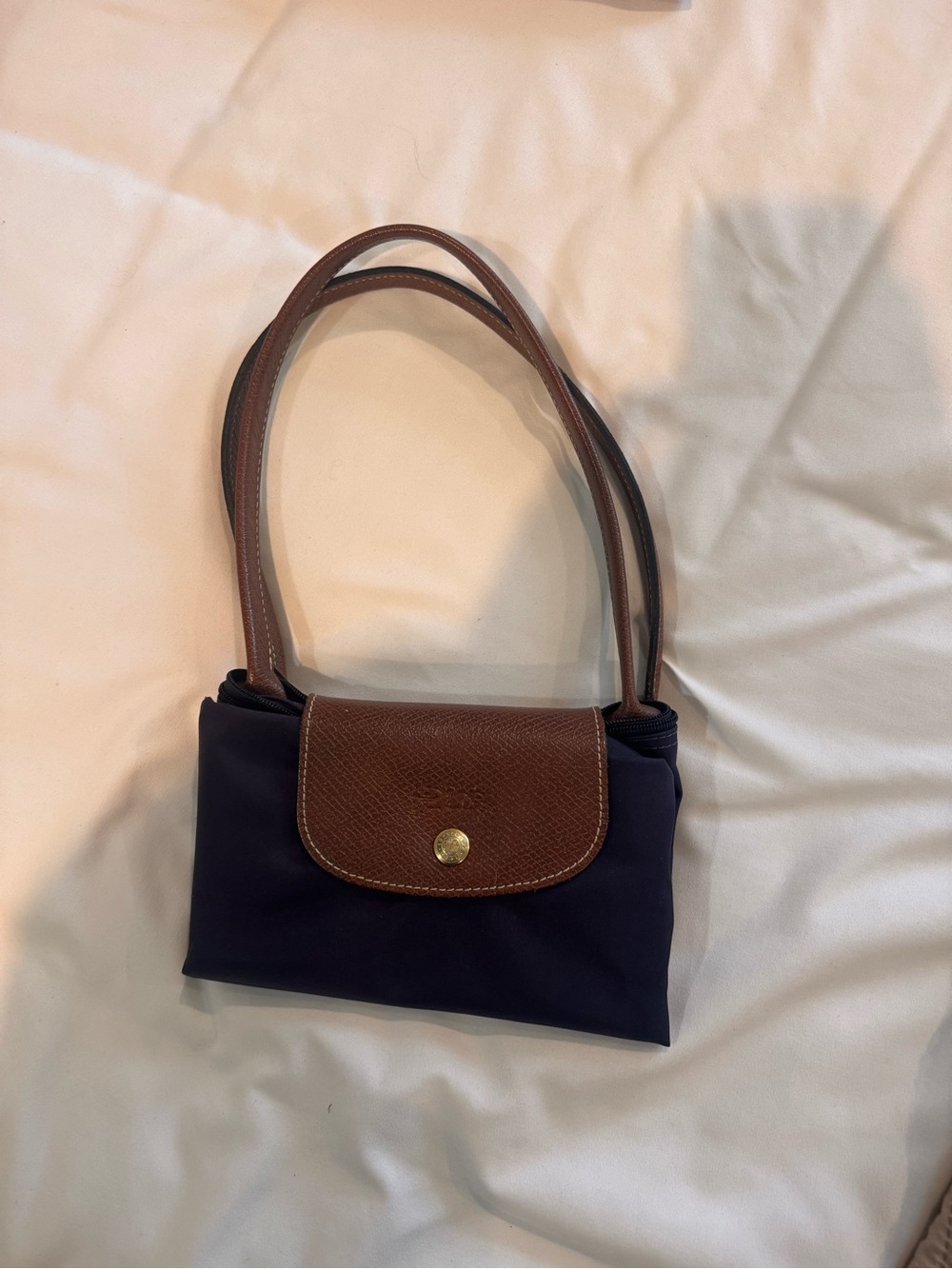 Longchamp medium Navy Nylon Tote with Brown Leather Trim